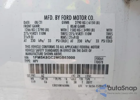 2021 Ford Explorer St из США, поврежденный, VIN 1FM5K8GC2MGB63000